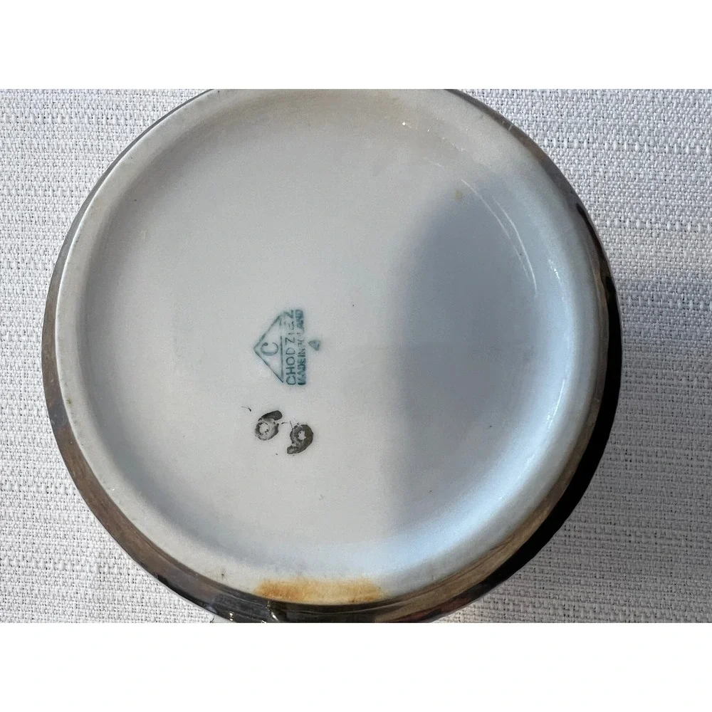 Chodziez Poland Porcelain Bouillon Cups Set‎ of 2 Black White Floral Silver Trim